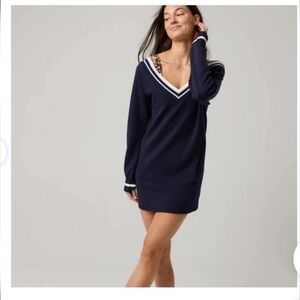 Aerie Offline Deep V Navy Preppy Athleasure Dress Zip Pockets NWT | Medium